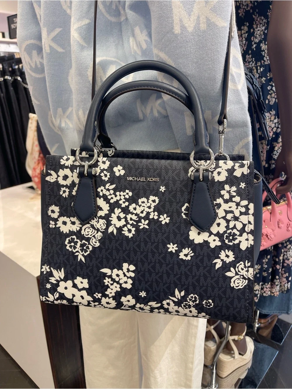 MICHAEL KORS Marilyn Md PrintedSignature Logo Satchel Crossbody  Admiral  NWT